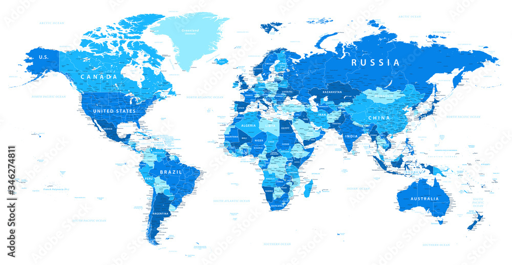 Obraz Mapa świata polityczna - kolor niebieski i biały - szczegółowa ilustracja wektorowa