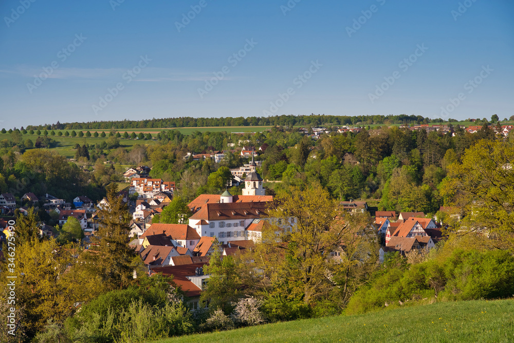 Landscape of Waldenbuch town with a view on the castle and the church tower on a sunny day during spring season.