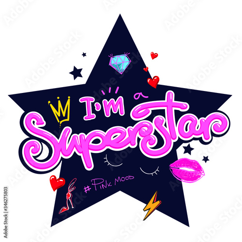 I am Super Star t shirt design with pink lettering composition, crown, heart, lightning, brilliant, kiss lips sign on big dark blue star background.
