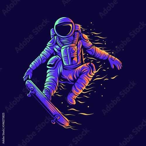 astronaut skateboarding jump with skateboard vector illustration design