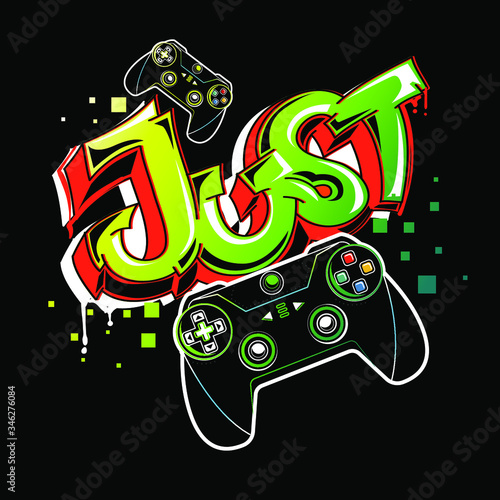 Graffiti gamepad illustration. Cartoon joystick sign. Gamer elements for boy t shirt design