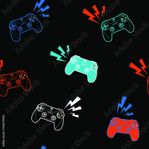 Seamless pattern with gamepads and lightning on endless black background. Gaming repeat print for sport textile, fashion clothes, wrapping paper.