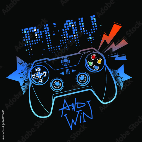 Blue and orange gamepad illustration with pixel text Play and graffiti stars on black background.  Gamer elements for boy t shirt design