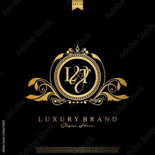 Logo Initial letter LT luxury vector mark, gold color elegant classical symmetric curves decor.