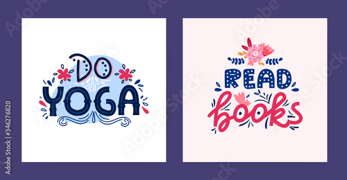 Do yoga read books quarantine lockdown texts on white.