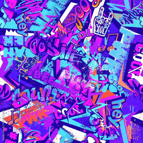 Abstract seamless graffiti words pattern. Grunge repeat print with curved lines. Street art repeated print for fashion tape, girlish sport clothes, wrapping paper