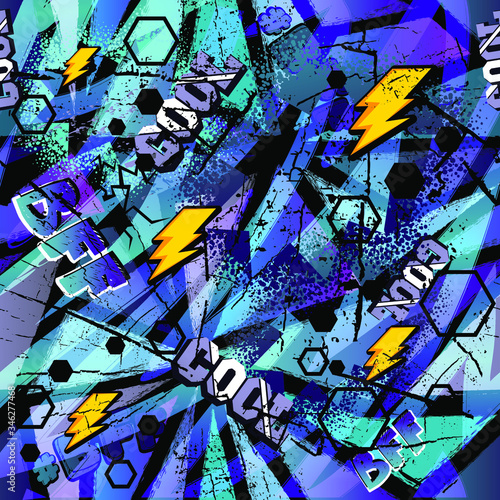 Grunge textured pattern. Graffiti repeat print with lightnings, text COOL, hexagones silhouette. Geometic grunge ornament,