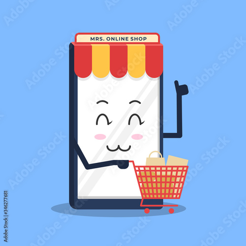 Smartphone online shop cute cartoon. trolley icon and mascot character illustration for promotional animation and graphic design. make it easy for customers to shop from anywhere