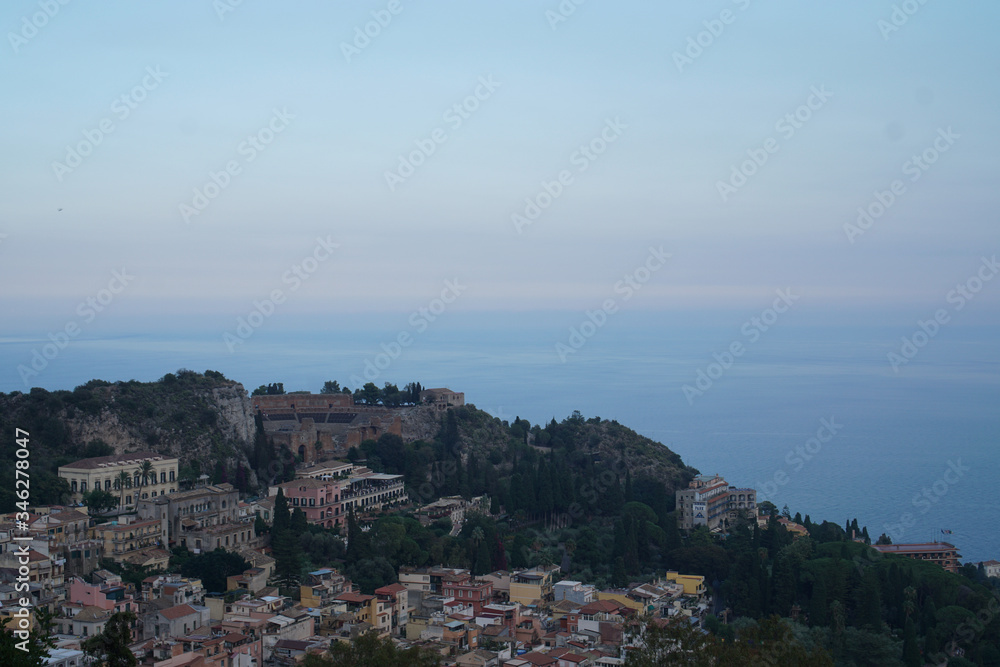 view of Taormina city in Sicily, Italy from the top of the hill