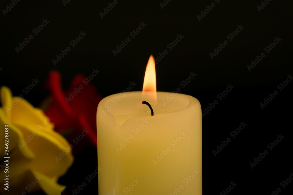 Burning yellow wax candle and two roses Burning yellow wax candle and two roses