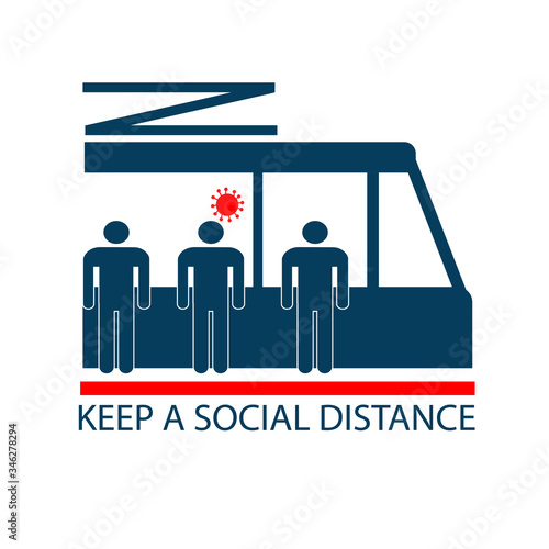 Keep a social distance when boarding public transport. People get on the tram. Prevention of virus infection. Icon. Vector illustration