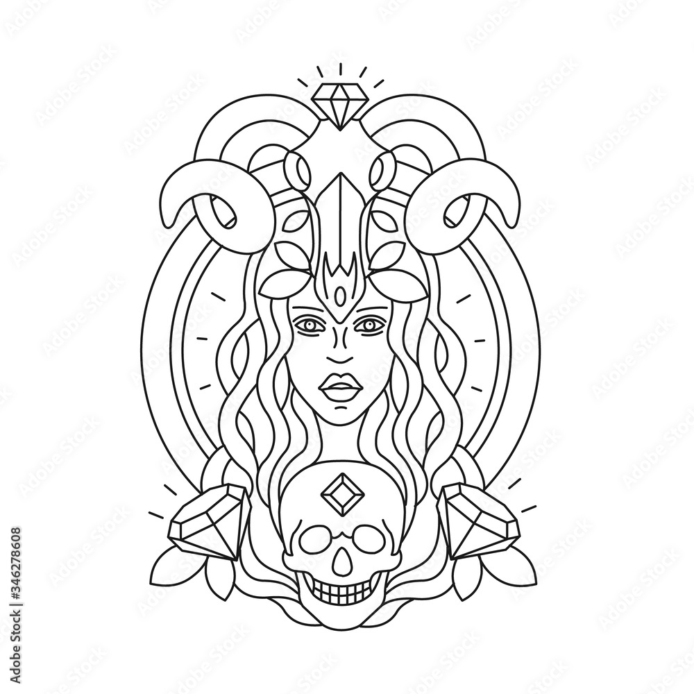 Linear tattoo. Girl face and skull. Line illustration Linear tattoo. Girl face and skull. Line illustration
