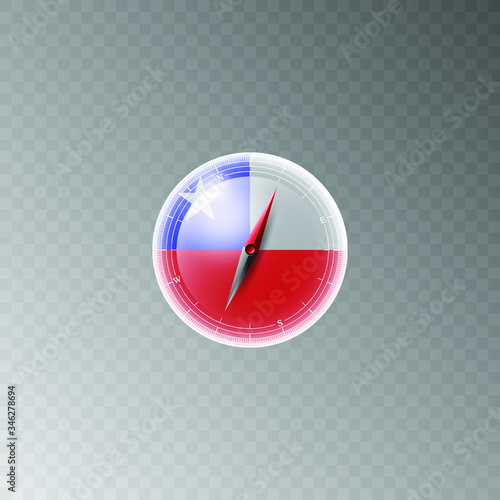 Illustration of a compass with the flag of CHILE on a transparent background. Recreation, entertainment, tours, travel, walks, routes in my country. Isolated vector.