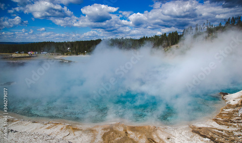 Turquoise hot spring in Yellowstone National park, United States, Wyoming. Geothermal landmark with blue shade of water and steam. Travel background as for memory card from vacation. 