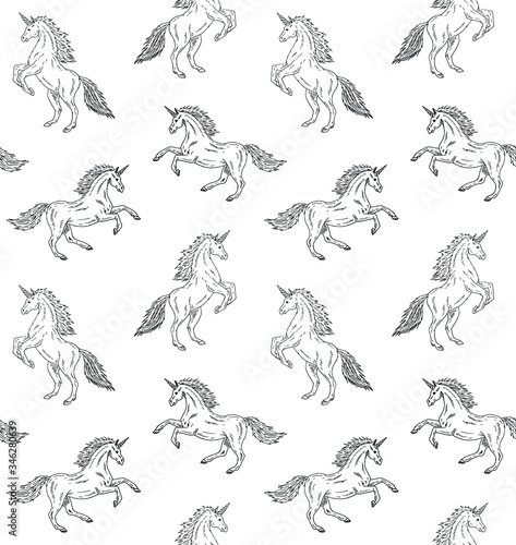 Vector seamless pattern of hand drawn doodle sketch black unicorn isolated on white background