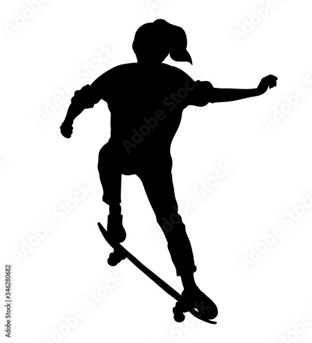 Black silhouette of skateboarder isolated on white background. Skateboard girl. Skateboarding trick ollie. Jump on skateboard. Vector illustration.