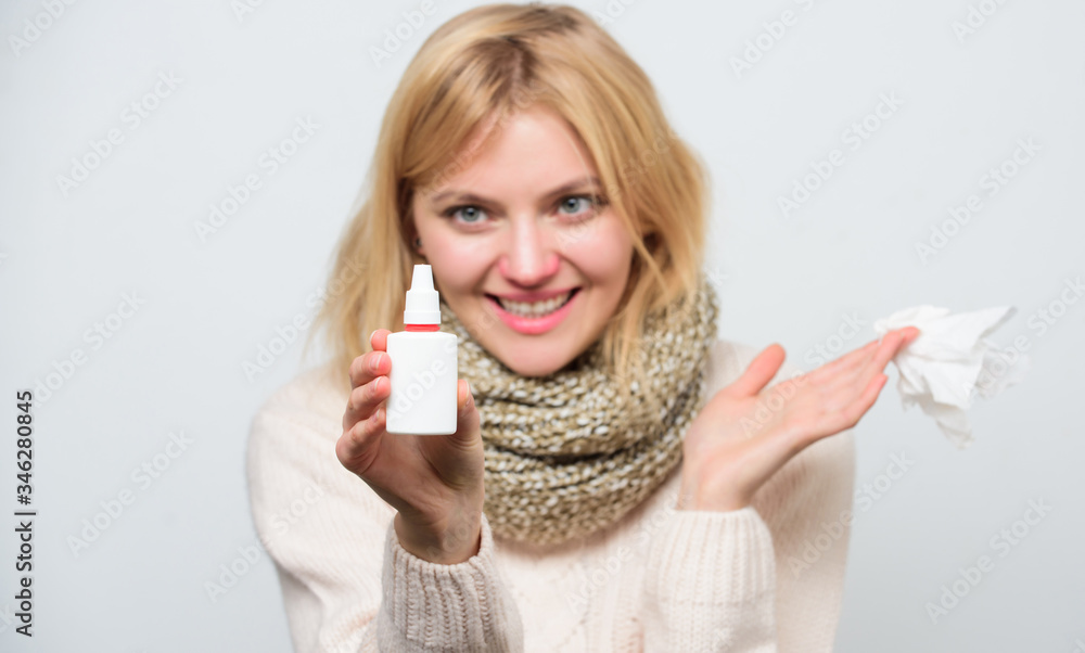 Breathing easily. Treating common cold or allergic rhinitis. Unhealthy girl with runny nose