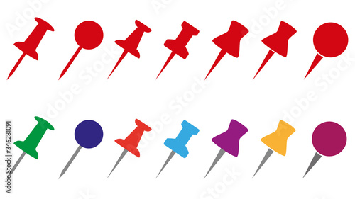 Set push pin (drawing pin) sign icons for web site, page and mobile app design element. Stylish red and multi-colored sets.