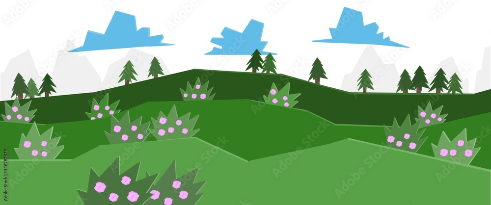 Obraz premium Paesaggio collinare fiorito. Boschi e prati verdi. Campagna in primavera. Panorama di campagna. Natura, colline e boschi. Alberi e cespugli fioriti. Stagione. Cielo con nuvole. Boccioli di rosa. 