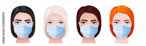 Female face in a medical mask. Protective mask against infection of viruses and bacteria. Women with medical masks on faces to protect their against coronavirus covid-19, 2019-nCov isolated on white b