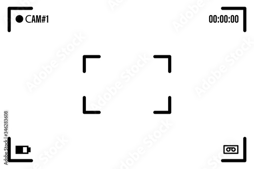 Camera screen with white frame, figures and battery symbol. Camcorder viewfinder on black background. Vector illustration for your graphic design