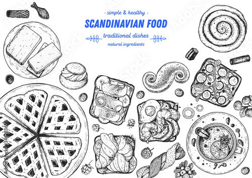 Scandinavian cuisine top view frame. Smorgasbord illustration. A set of Scandinavian dishes . Food menu design template. Vintage hand drawn sketch vector illustration. Engraved image