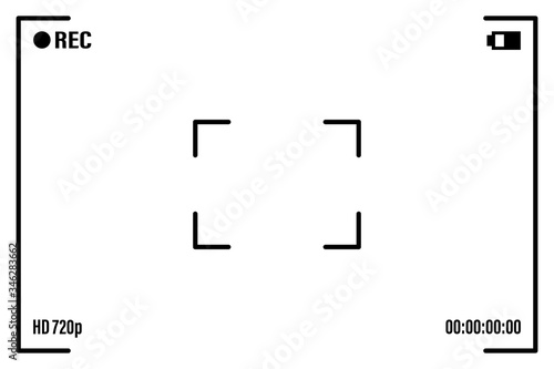 Camera screen with white frame, figures and battery symbol. Camcorder viewfinder on black background. Vector illustration for your graphic design photo