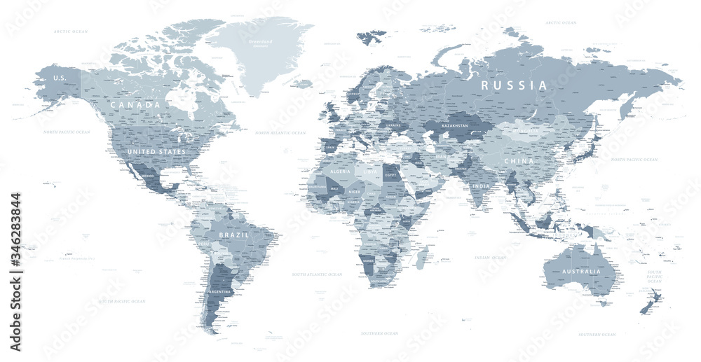 World Map Political - vector illustration. Highly detailed map of the world: countries, cities, water objects