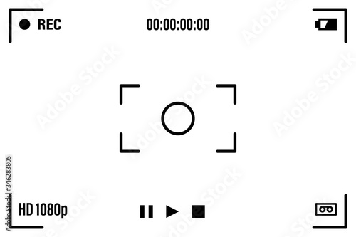 Camera screen with white frame, figures and battery symbol. Camcorder viewfinder on black background. Vector illustration for your graphic design