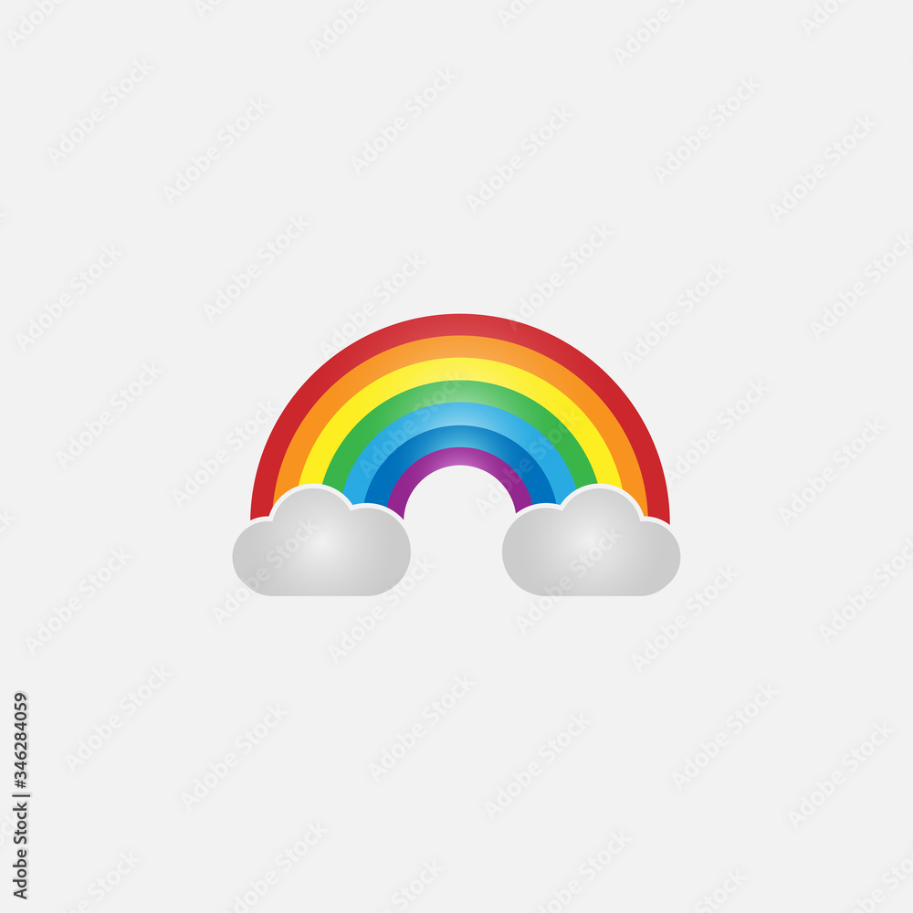 Rainbow icon. Rainbow with clouds on bright background. Vector illustration 