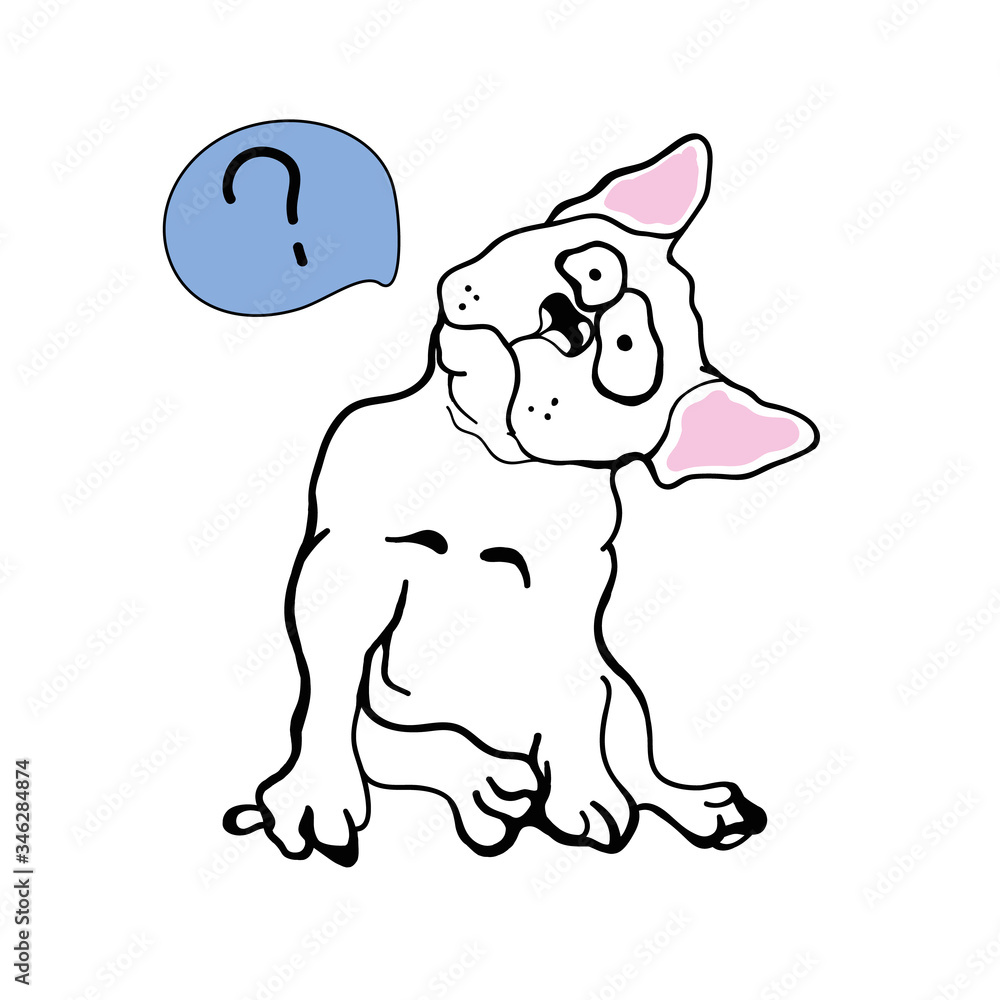 Naklejka premium The dog is made in doodle style. French bulldog isolated on a white background. Vector illustration. Vector EPS 10, HD JPEG 4000 x 4000 px. Coloring page with a dog.The dog label for your any artwork