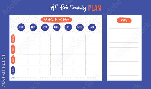 Week meal planner, daily food plan. Diet diary list, weekly organizer, A4 printable page