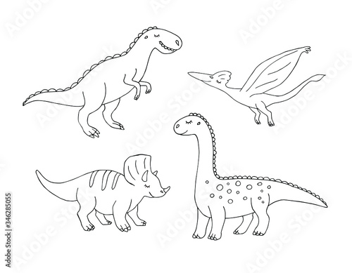 Vector set bundle of hand drawn doodle sketch different black dinosaur isolated on white background