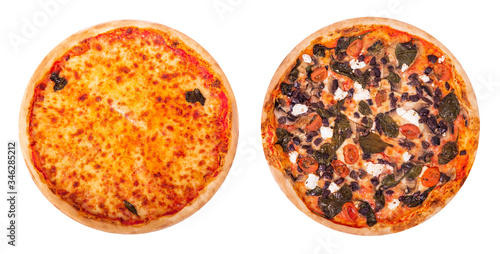 Set of two delicious pizza isolated on white background, top view. Pizza Margherita and pizza with mozzarella, feta, cherry tomatoes, spinach, mushrooms and olive