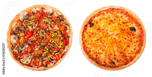 Set of two delicious pizza isolated on white background, top view. Pizza with mushrooms, corn, cherry tomatos, courgettes and bell peppers and pizza Margherita