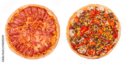 Set of two delicious pizza isolated on white background, top view. Pizza with becon and mozarella and pizza Veggie or Vegetarian