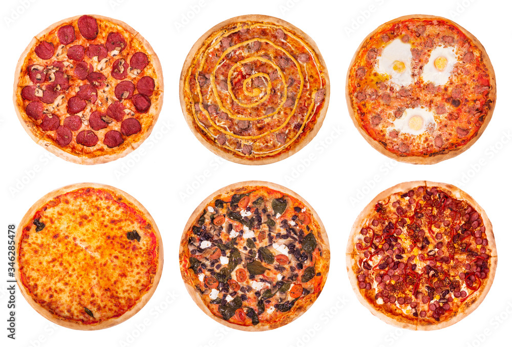 Set of different variaty of pizzas isolated on white background, italian cuisine, top view Set of different variaty of pizzas isolated on white background, italian cuisine, top view