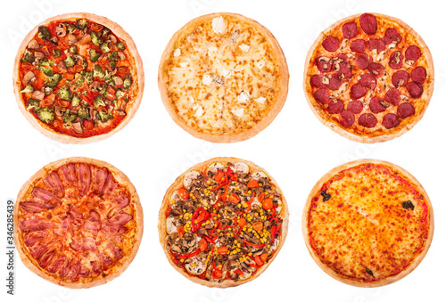 Set of six various pizza isolated on white background, top view. Photography for menu, delivery fast food and other