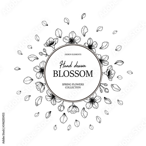 Floral circle frame with hand drawn spring cherry blossom in sketch style. Spring design for cards, banners, letters, invitations. Place for text