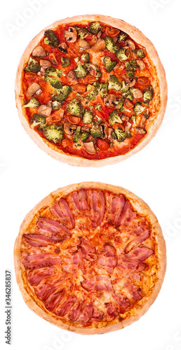 Set of two delicious pizza isolated on white background, top view. Pizza with vegetables like mushrooms, corn, cherry tomatos, courgettes, bell peppers and pizza with becon and mozarella