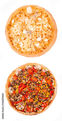 Set of two delicious pizza isolated on white background, top view. Pizza quattro formaggi and pizza with mushrooms, corn, cherry tomatos, courgettes and peppers