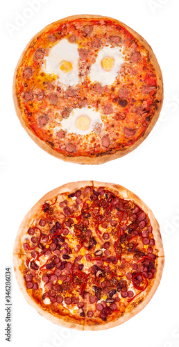 Set of two delicious pizza isolated on white background, top view. Pizza with beef sausages, eggs and bacon and spicy pizza Mexico