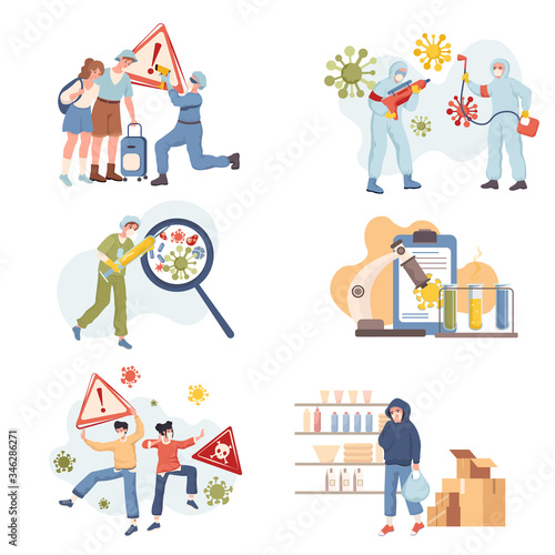 Stop and fight Coronavirus Covid-19 outbreak vector flat illustration. People living during global pandemic of 2019-nC0V.