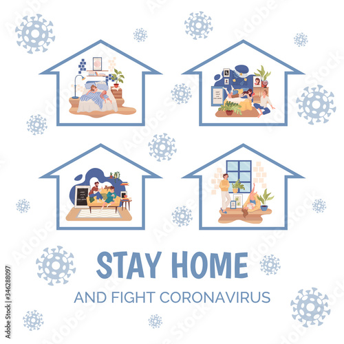 Stay home and fight Coronavirus banner design. Men and women sleeping, reading books, playing and talking.