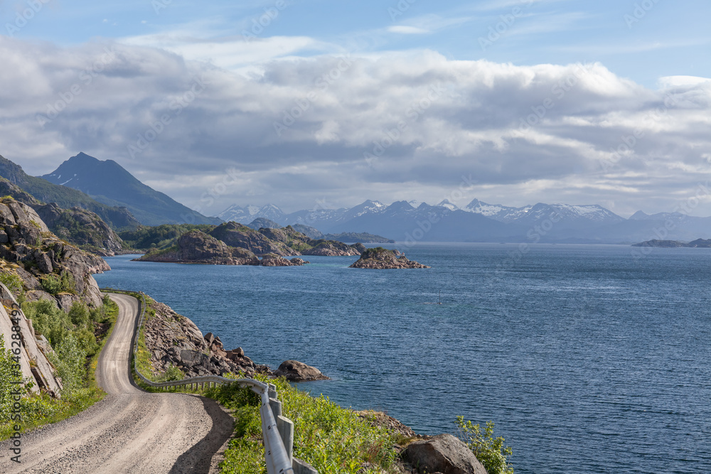 summer road in mountain, Lofoten islands, Norway. selective focus.