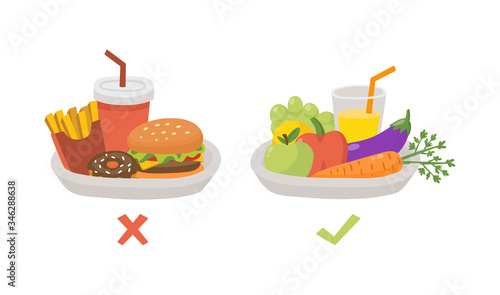 Healthy and unhealthy food. Food choice. Plates with organic products and fast food. Diet decision concept and nutrition. Fresh fruit and vegetables or greasy cholesterol. Vector illustration concept.
