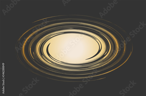 Vortex -  abstract vector illustration. Galaxy shape. Text template. Swirl shape. Gold whirlwind on black background with space for text in curl center.