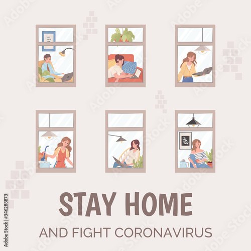 Stay home and fight Coronavirus poster template. People working, cooking during global pandemic of Coronavirus.