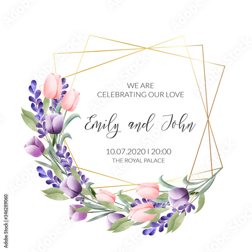 Watercolor floral frame. Wedding invitation card.