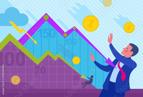 Concept of bankruptcy, recession, crisis, and financial losses on stock exchange market..Financial analysis chart arrow hurts businessman.